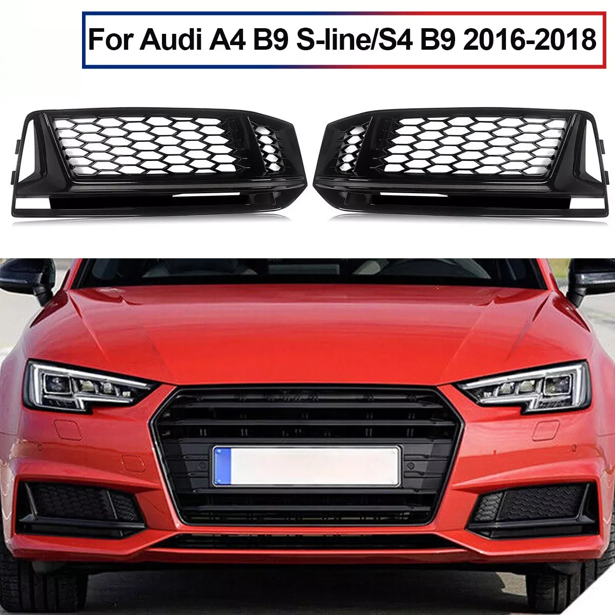 Pair Bumper Honeycomb Mesh Fog Light Grille Cover For Audi A4 B9 S-Line S4 2016-2018