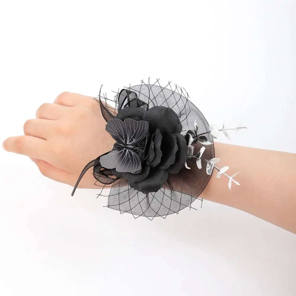 New Fabric Flower Rose Corsage Tulle Mesh Ribbon Wrist Corsage Wearable Design Black Color Floral Boutonniere Butterfly Decor