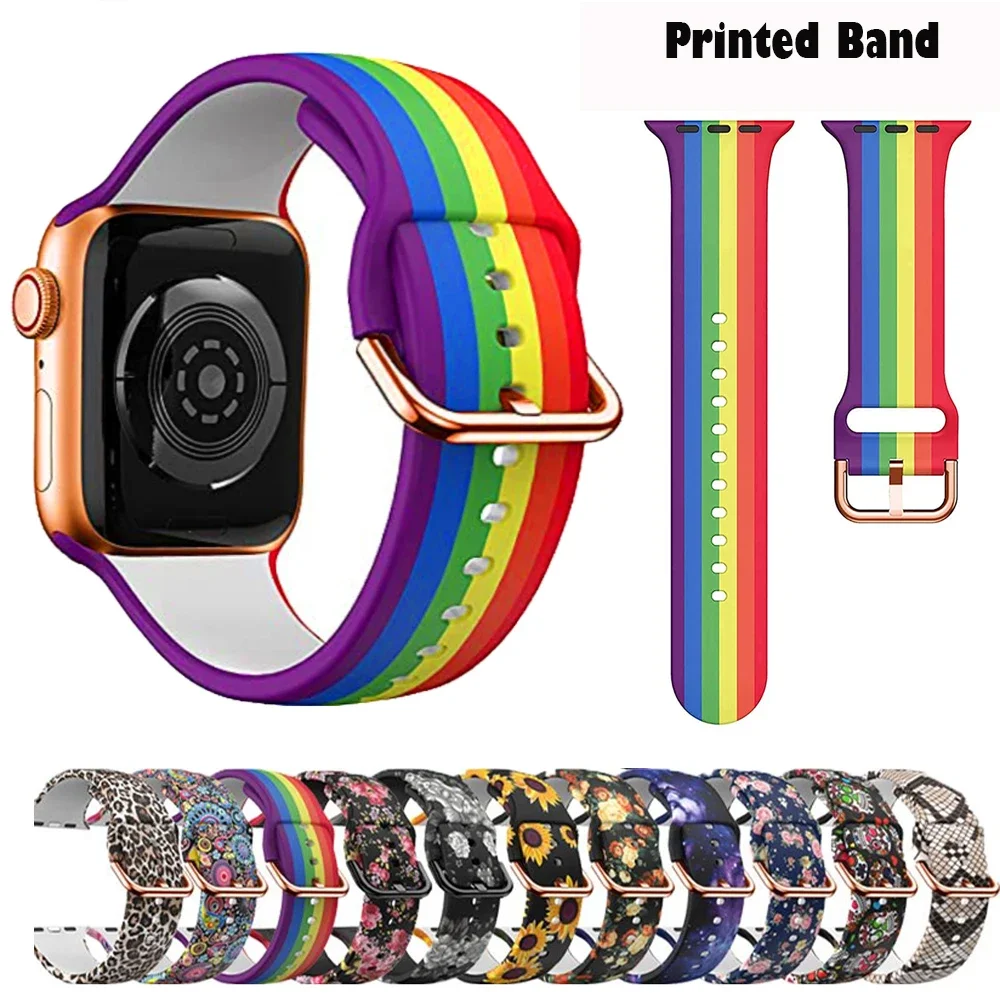 

Printed Strap For Apple watch band 44mm 41mm 45mm 42-40mm Silicone sport bracelet iWatch series 9 8 7 6 5 4 3 Se Ultra 2 49mm