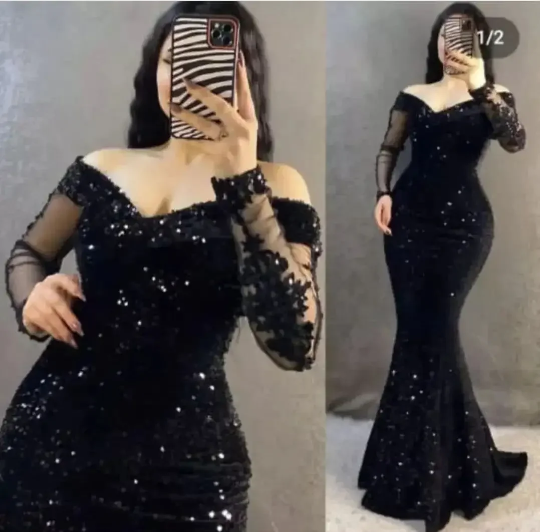 Gaun Malam Putri Duyung Merah Marun Glitter Gaun Pesta Bunga 3D Lengan Panjang Bahu Terbuka Gaun Prom Wanita Jersey Customsiz