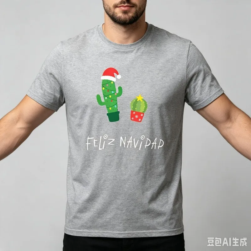 Men Feliz Navidad Cactus T-Shirt 100% Cotton Christmas Graphic Print Casual Short Sleeve Tee for Holiday Daily Wear