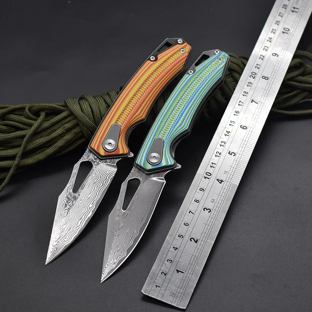 

VG10 Damascus Steel Folding Knife Double-color G10 Handle CNC Black Kitchen Supplies Survival Fishing Portable Military Knife T