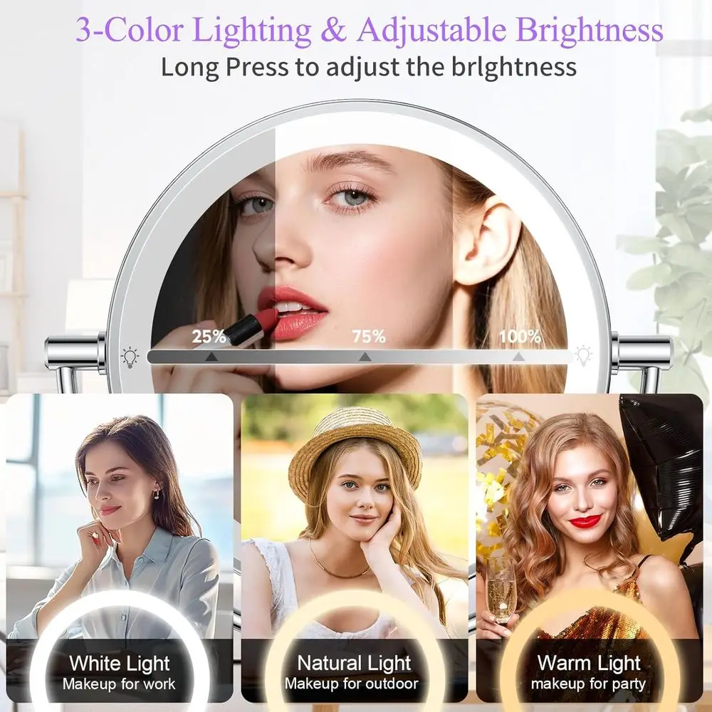 Beleuchteter Kosmetikspiegel mit 30-facher/1-facher Vergrößerung, 3 Farbmodi, dimmbar, 360° °   Dreharm für Badezimmer und Pflege