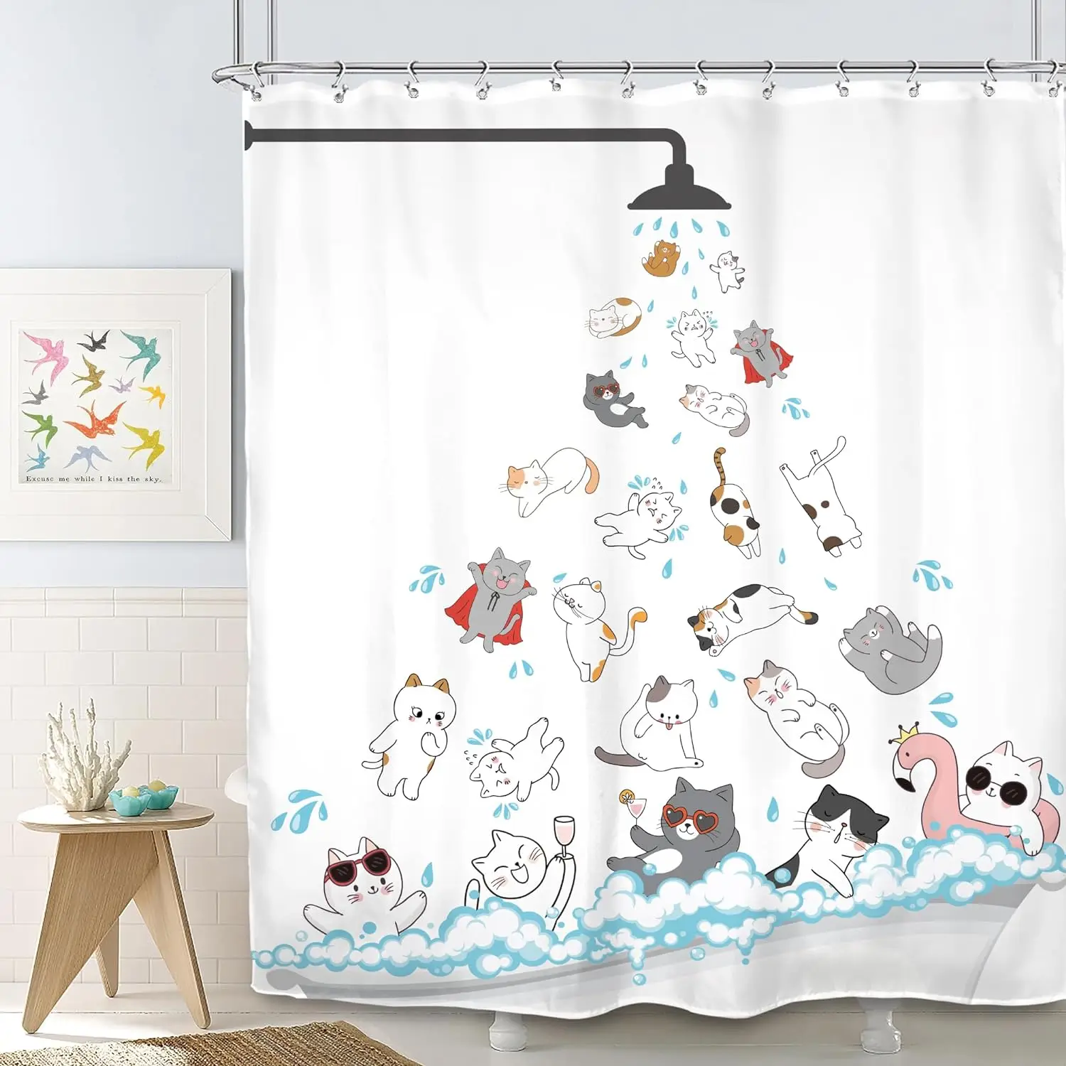 Cute Animals Bathing Cats Dogs Cartoon Shower Curtain Bath Head Bathtub Pattern Kids Child Bathroom Decor Polyester Bath Curtain