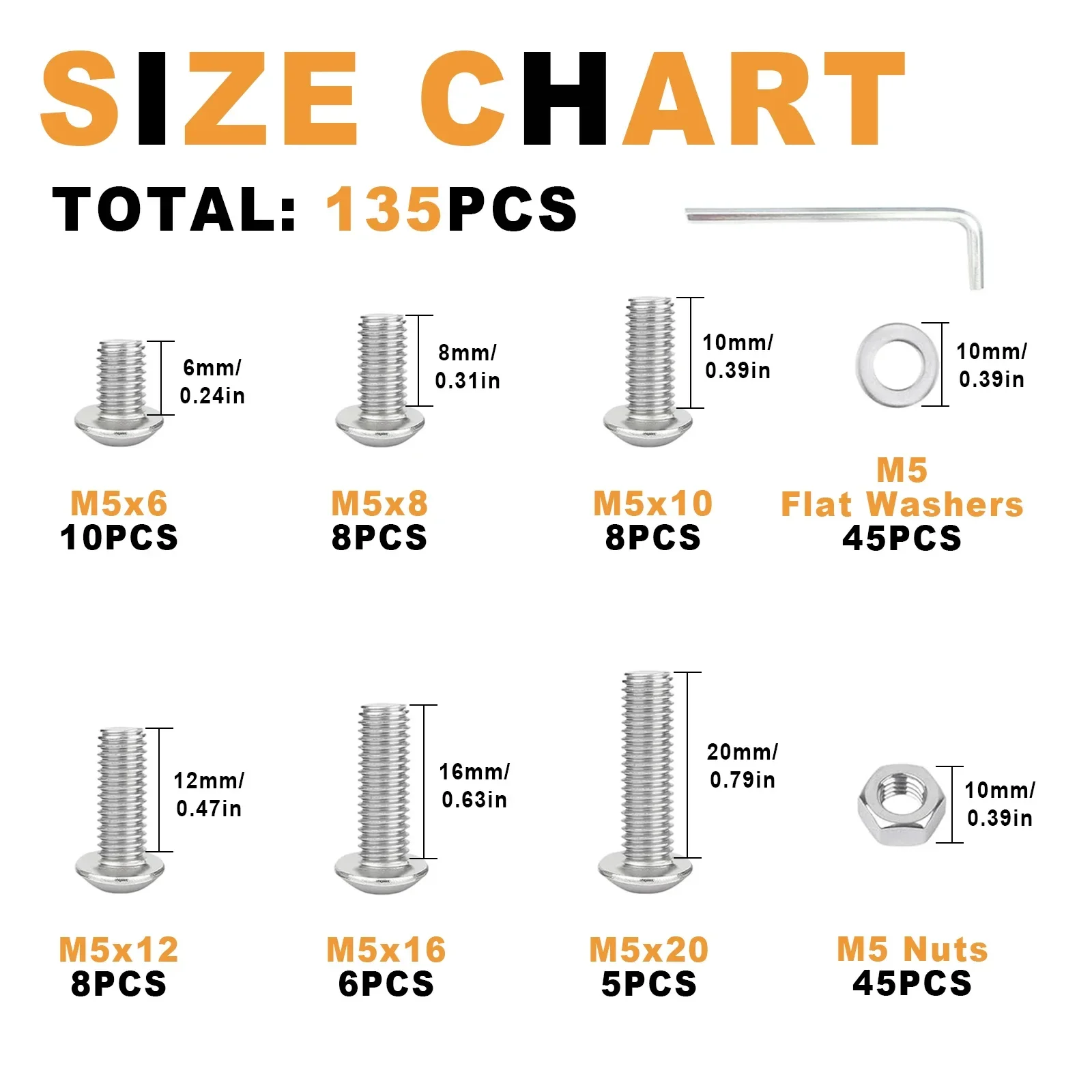 M5 Hexagon Head Screw, 135Pcs Push-Button Head Hex Head Bolt, Nut, Washer Combination Kit, 304 Stainless Steel, Full Thread