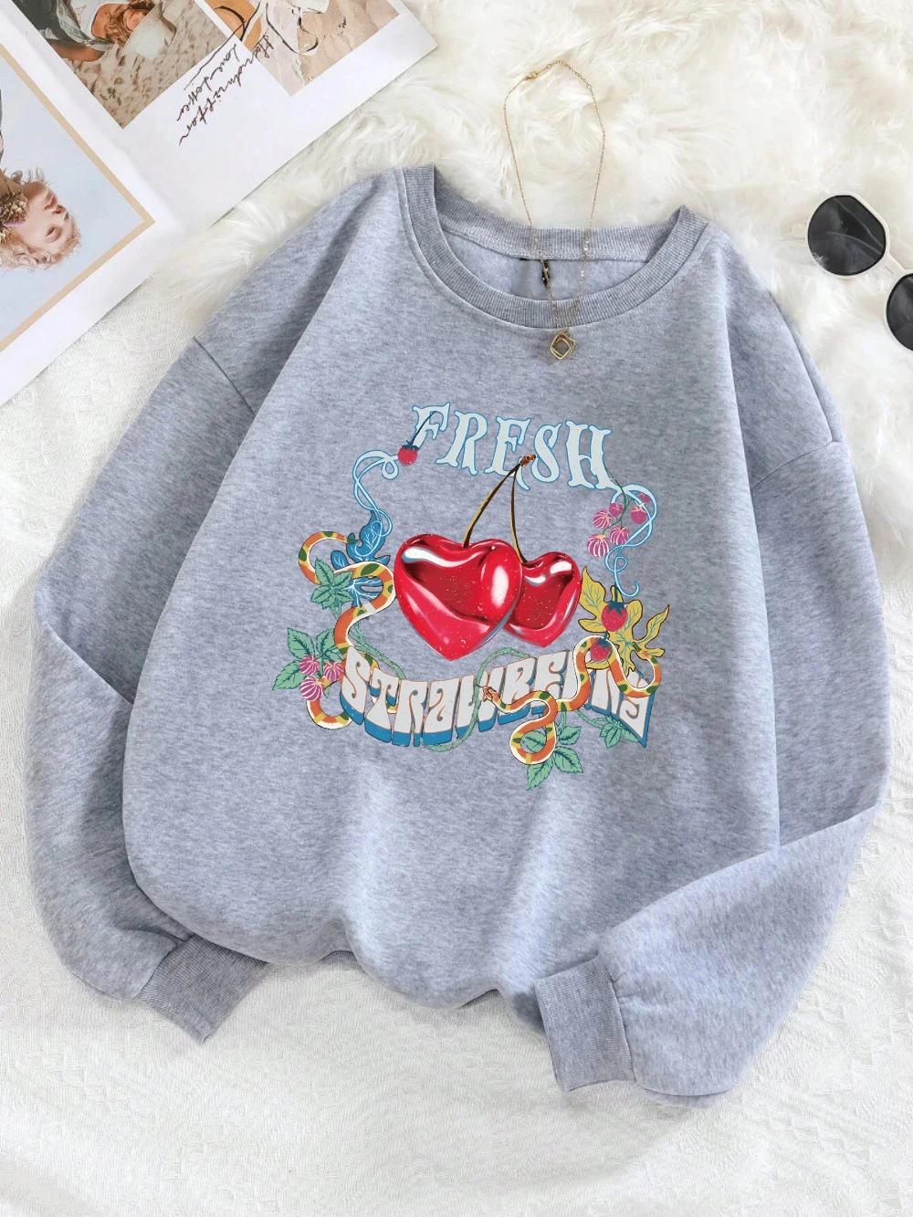 Winter Womans Sweatshirt Fresh Cherry Carnival Party Printed Pullover Warm Fleece Comfortable Hoodie Kawaii Female Sportswear