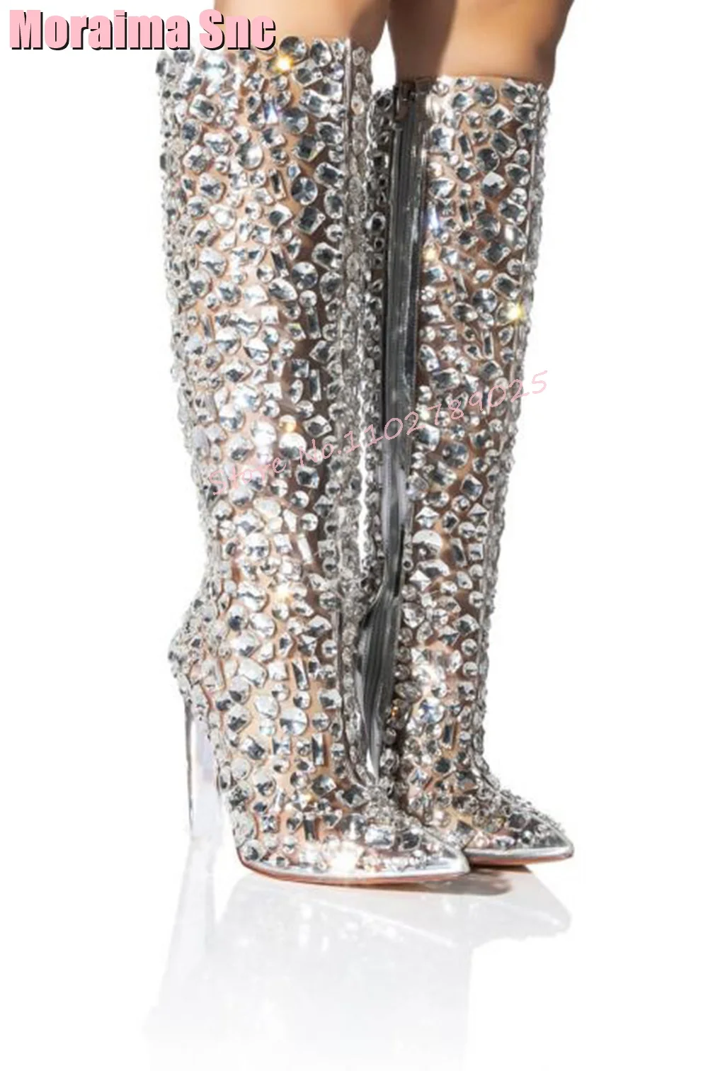 Pointed Toe Full Crystal Bling Knee High Boots Clear Strange Heel Side Zipper Women Long Boots Fashion Unique Autumn Winter 2023