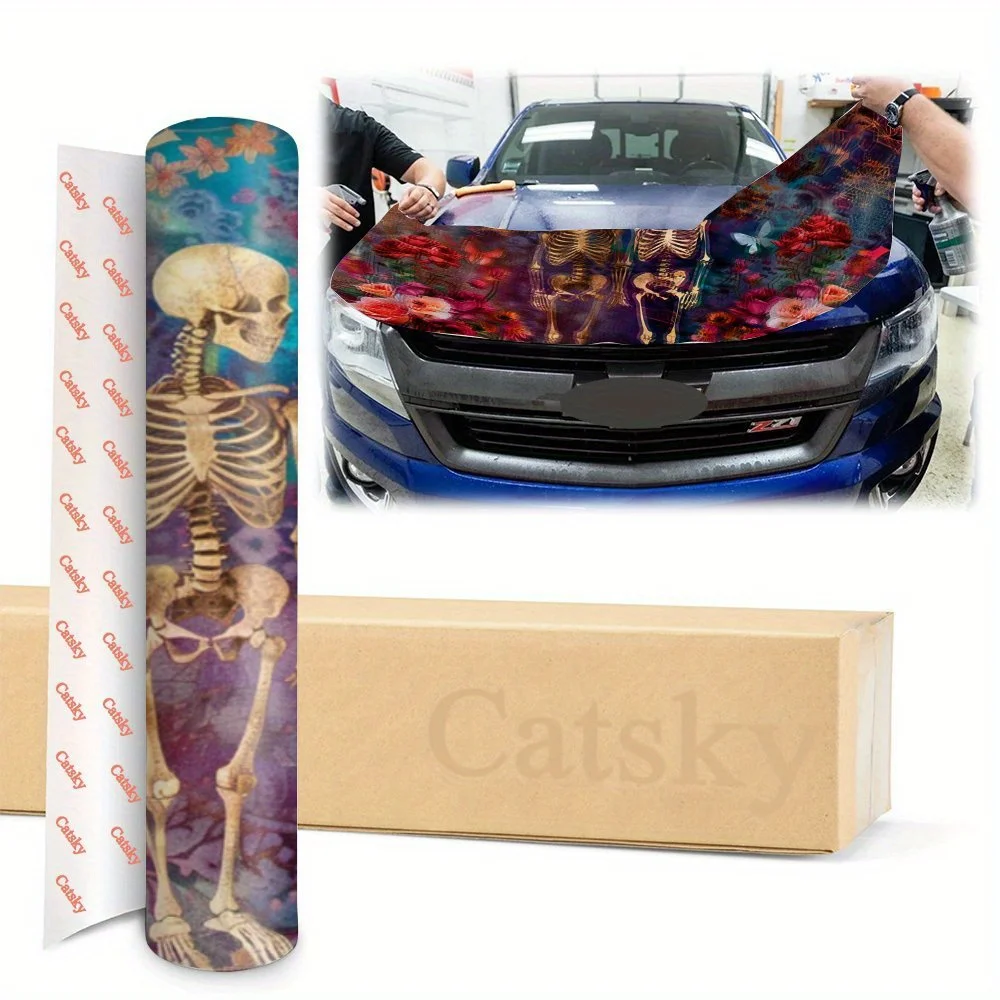 Crânio romântico: gráficos de companheiro floral e borboleta, envoltórios de vinil para carro, gráficos de capô de carro de vinil, temperamento artístico exclusivo para