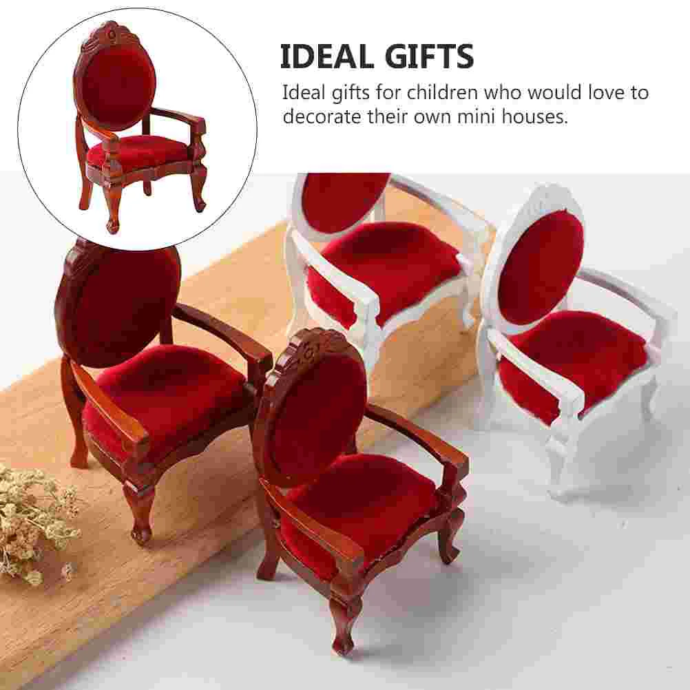 2 PCS Baby Toy Mini Chair Model Red Wood Color Armchair House Ornament Wooden Furniture DIY