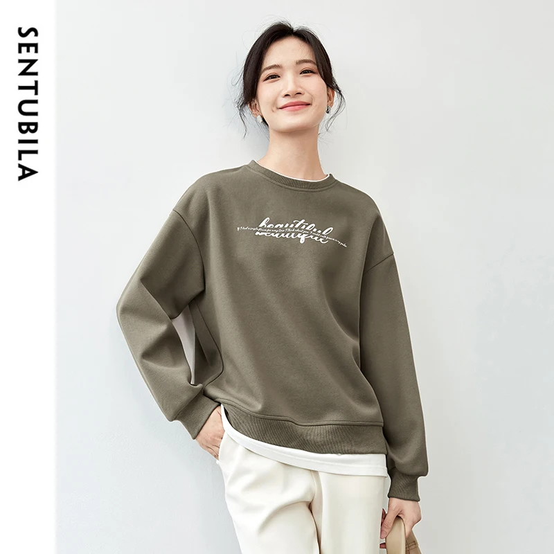 SENTUBILA Cotton Patchwork 2 in 1 Sweatshirt for Women 2024 Autumn Simple Letter Print O Neck Long Sleeve Pullovers 143A55890