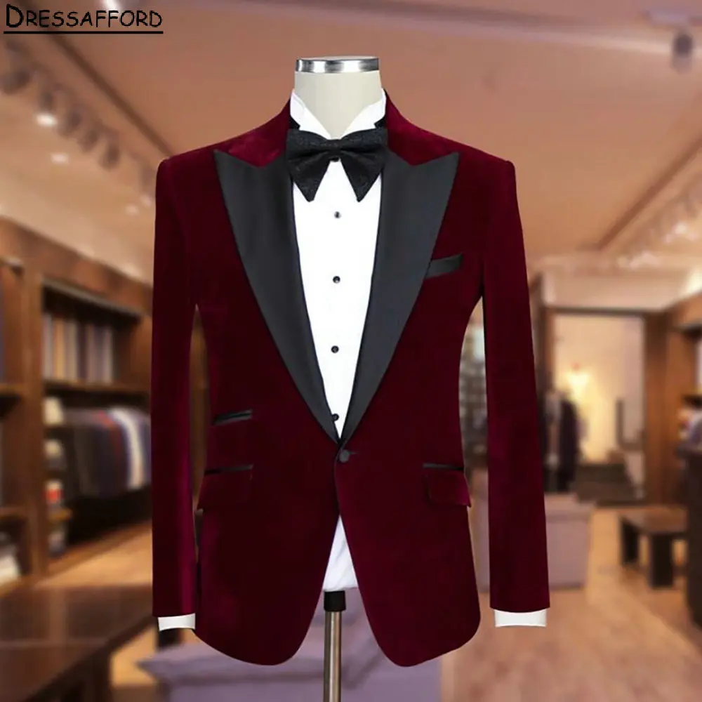 Burgundy Velvet Men Suits For Wedding Groom Tuxedos 2 Pieces Jacket Pants Prom Blazers Customized