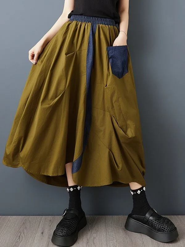 

Цветная плиссированная джинсовая юбка-батал для женщин, свободная, средней длины, летняя новинка, повседневная, с высокой талией, из смесового хлопка