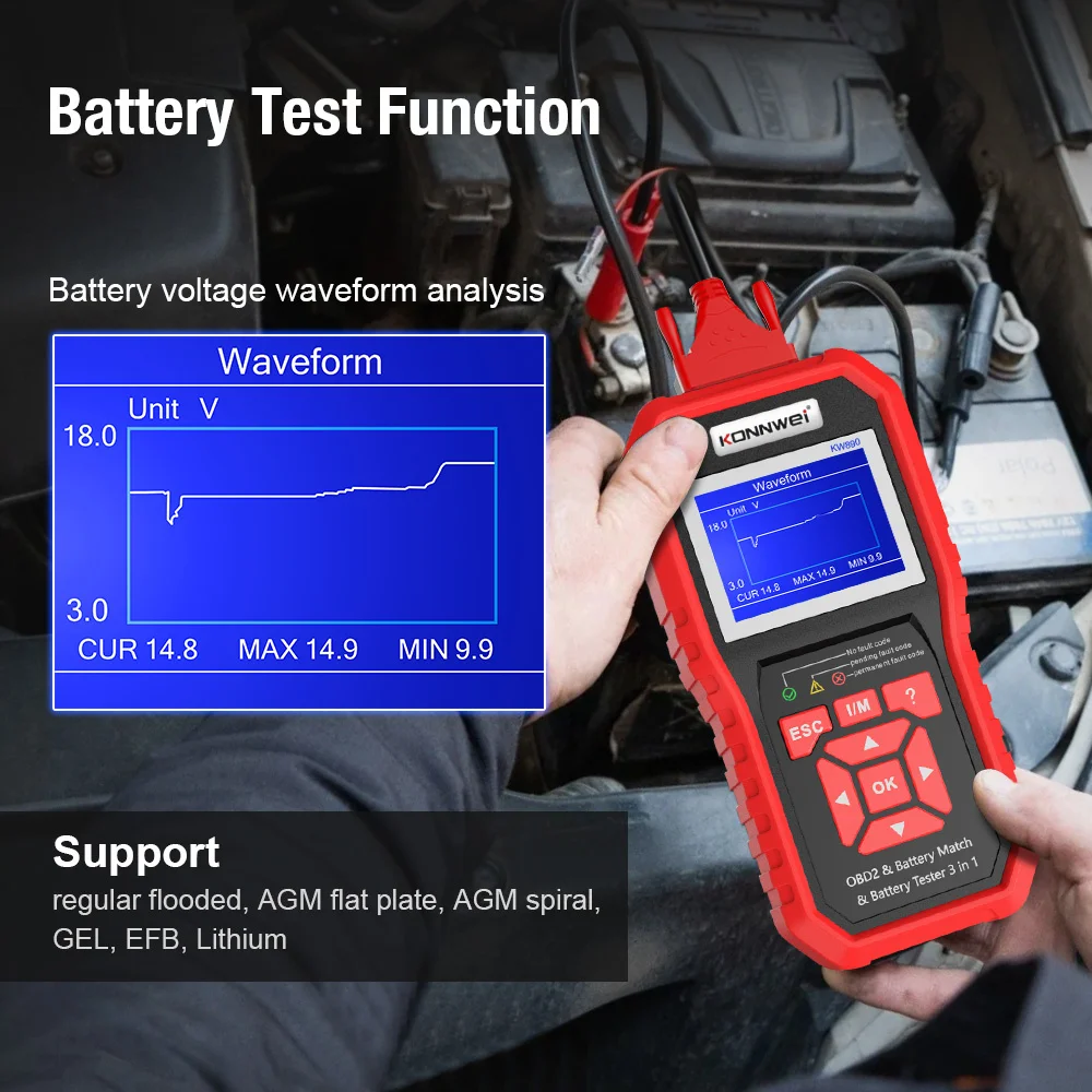 KW890 Konwei Automotive Scanner OBD2 Professional Battery Tester Oil Reset Diagnostic Tool 3-in-1 Automotive Code Reader