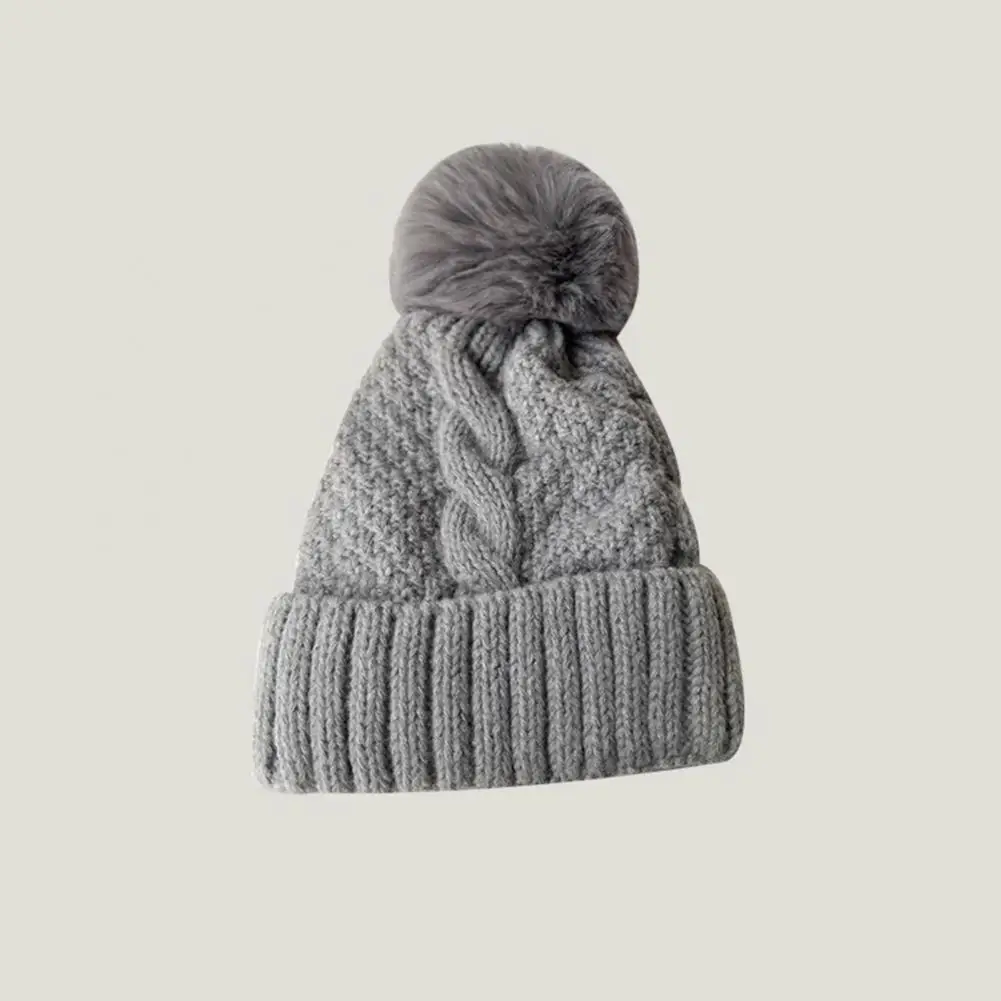 Fall Winter Women Hat Thickened Elastic Knitted Lady Beanie Twisted Pattern Ear Plush Ball Decor Outdoor Cap