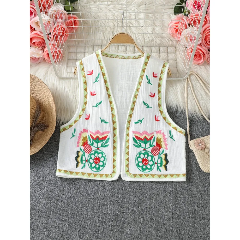 Retro Embroidered Floral Vest Women's Short Sleeveless Top Travel Outerwear Layering Shoulder Pad Design Polyester Fiber