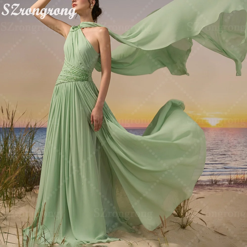 Op maat gemaakte charmante chiffon geplooide gelaagde avondjurk met één schouder Jersey A-lijn backless maxi kralen Saoedi-Arabische jurk