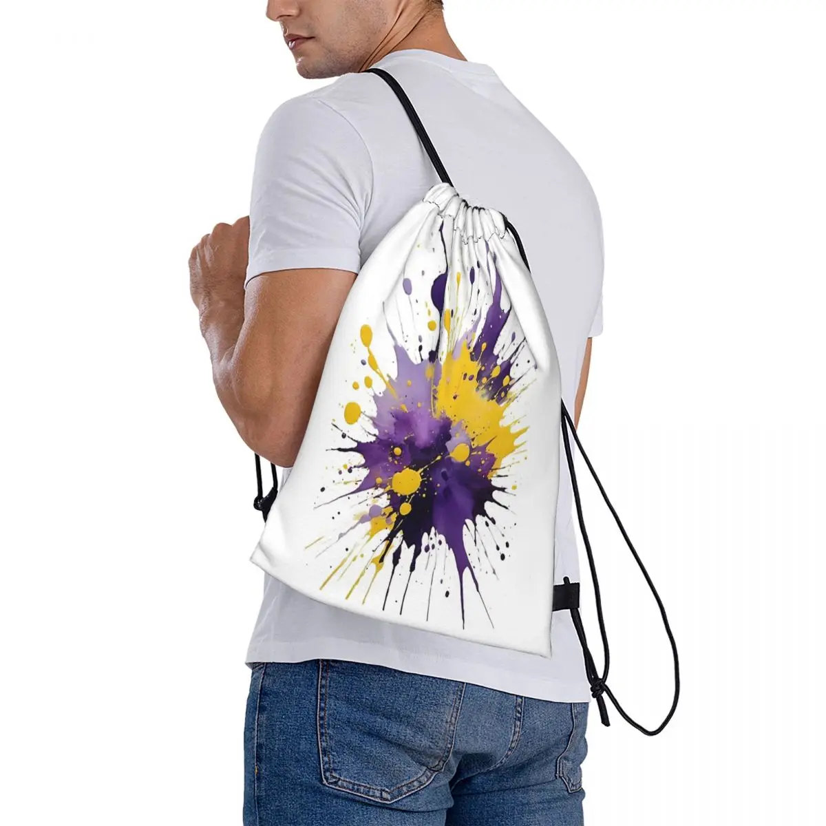 Vibrant Purple And Yellow Abstract Paint Splatter Backpacks Drawstring Bundle Pocket Storage Bag Book Bags for Travel Students