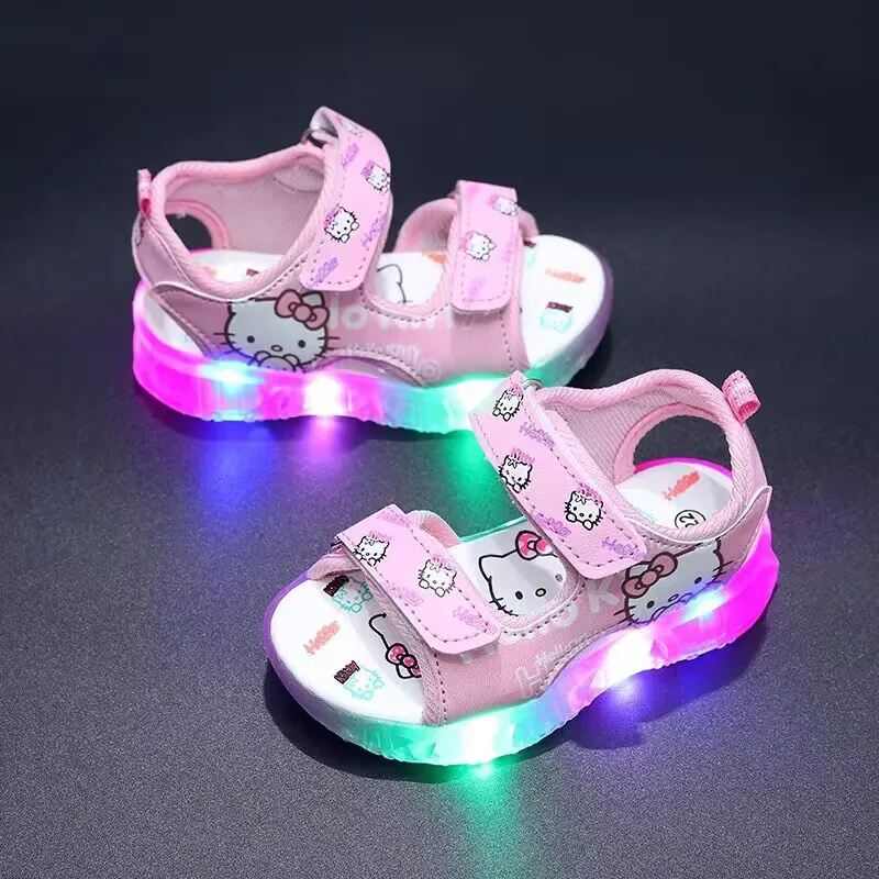 Sanrio Hello Kitty Summer New Girls Led Light Sandals Beach Outdoor Non-slip Casual Shoes