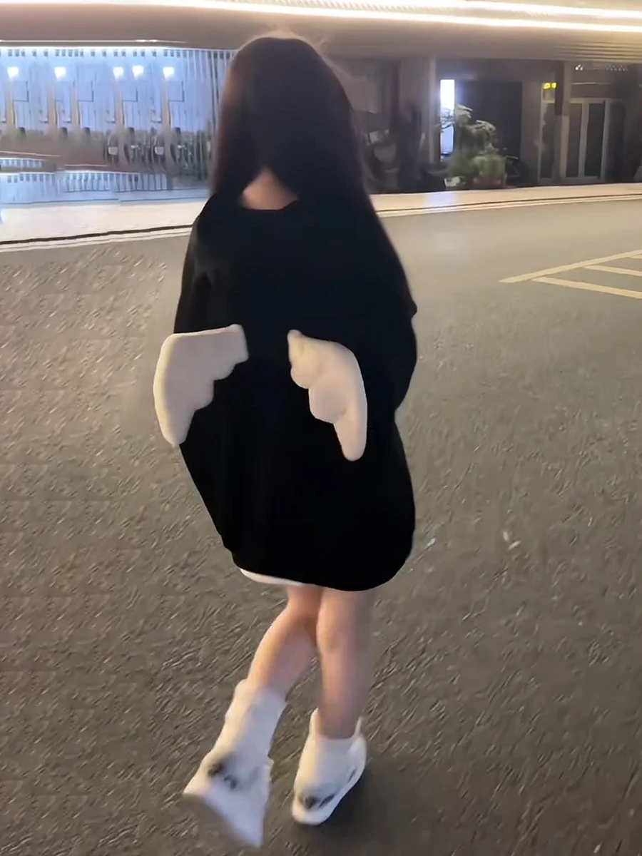 

Американская толстовка с вышивкой в виде крыльев ангела, женская, свободного кроя, осенне-зимняя, уличная одежда, с милой вышивкой, маленький размер, на молнии