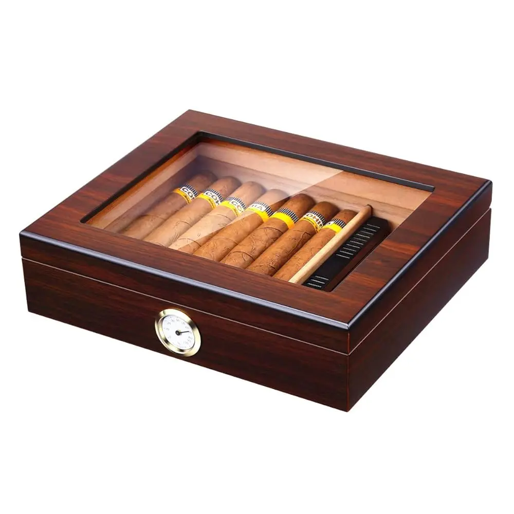 

Handmade Cigar Humidor, Cedar Cigar Desktop Box with Humidifier and Hygrometer, Glass Top for 25 Cigars (20-25 Cigars)
