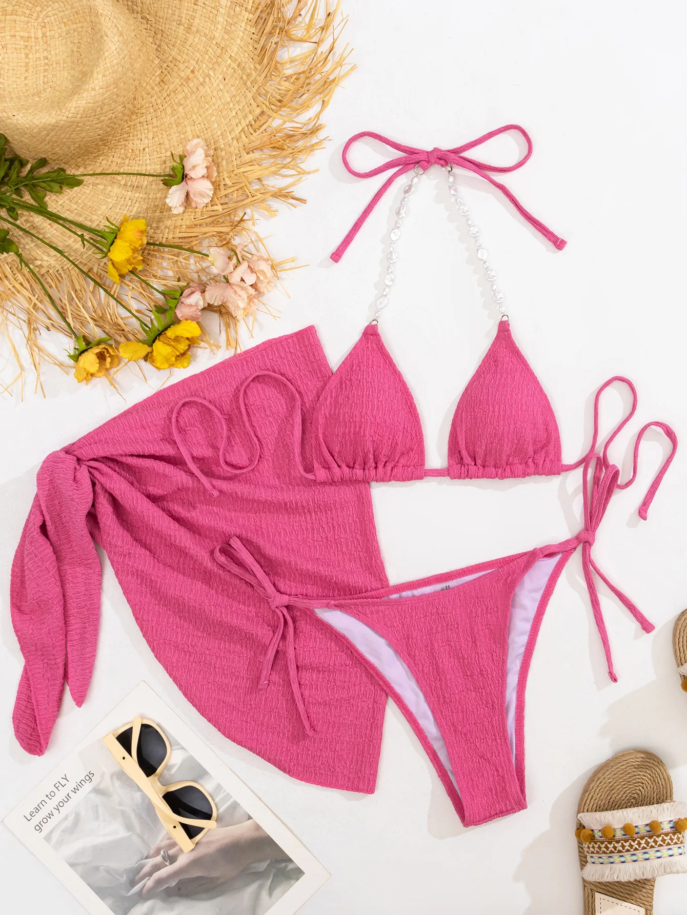 섹시한 골지 진주 체인 홀터 비키니 세트, 커버 스커트 포함, 솔리드 수영복, 세트 비치 의상, 비키니 탱키니, 3 개