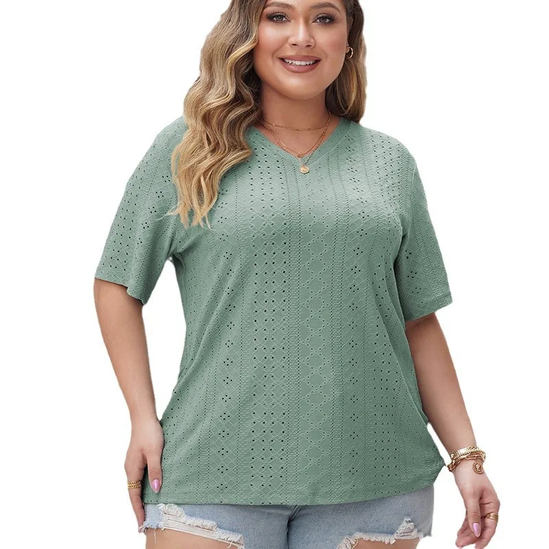 Plus Size Damen Kurzarm hohl grün Hemd solide V-Ausschnitt lose Hemd übergroße Kleidung Sommer