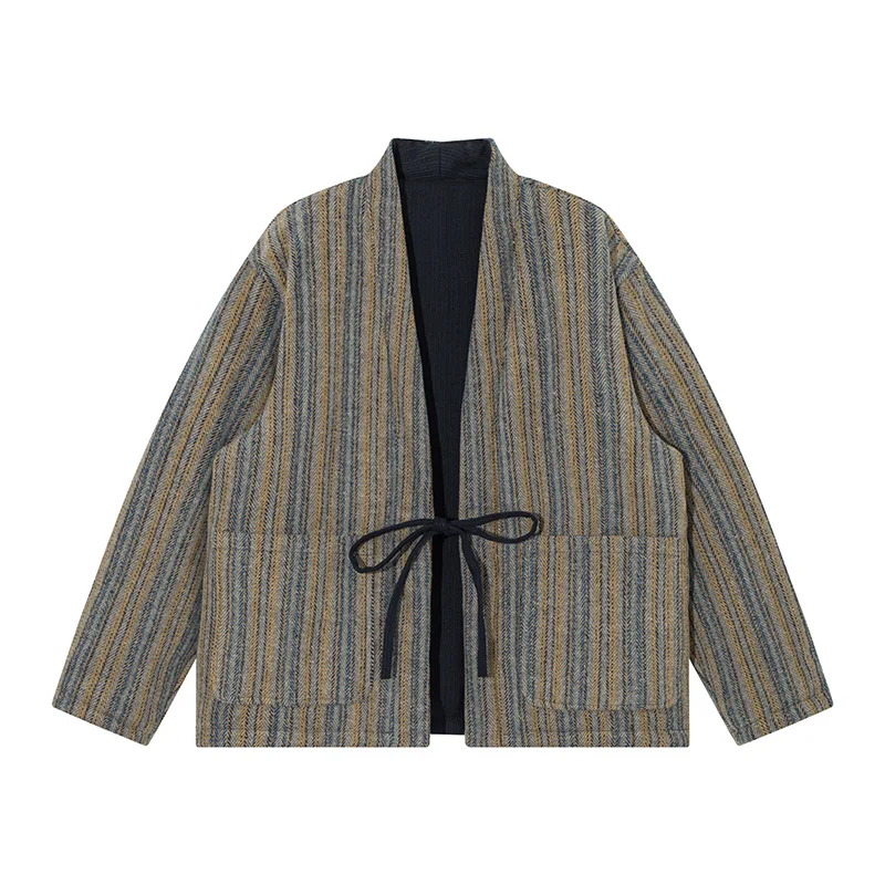 Japanese Style Striped Double Sided Wear Coat  Unisex Kimono Jacket Autumn Winter Streetwear Haori Oversized Coat
