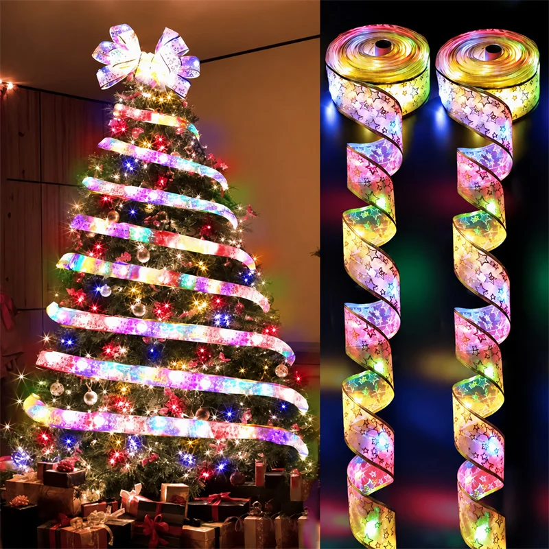 Ribbon Lights String Shiny Wave Design Christmas Riband LED Lights AA Battery Powered New Year Christmas Tree Wedding Decoration