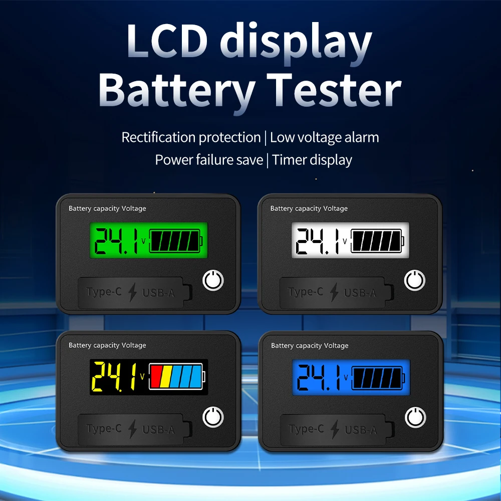 DC8-30V Battery Capacity Indicator 12V 24V Digital Electricity Meter USB+Tpye-C Output Lithium Battery Tester for Car Motorcycle