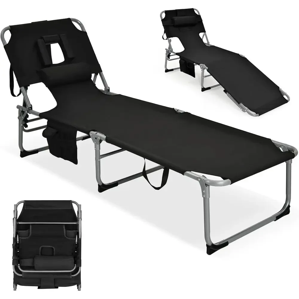 Portable Lightweight Outdoor Beach Lounge Chair with Armrests and Carry Handle, Ideal for Sunbathing (Black)