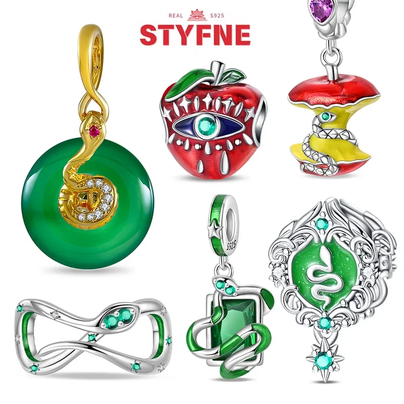 

925 Silver Red Apple Green Spirit Snake Charms Green Zircon Beads Fit Original Bracelets DIY Fine Jewelry for Women Party Gift