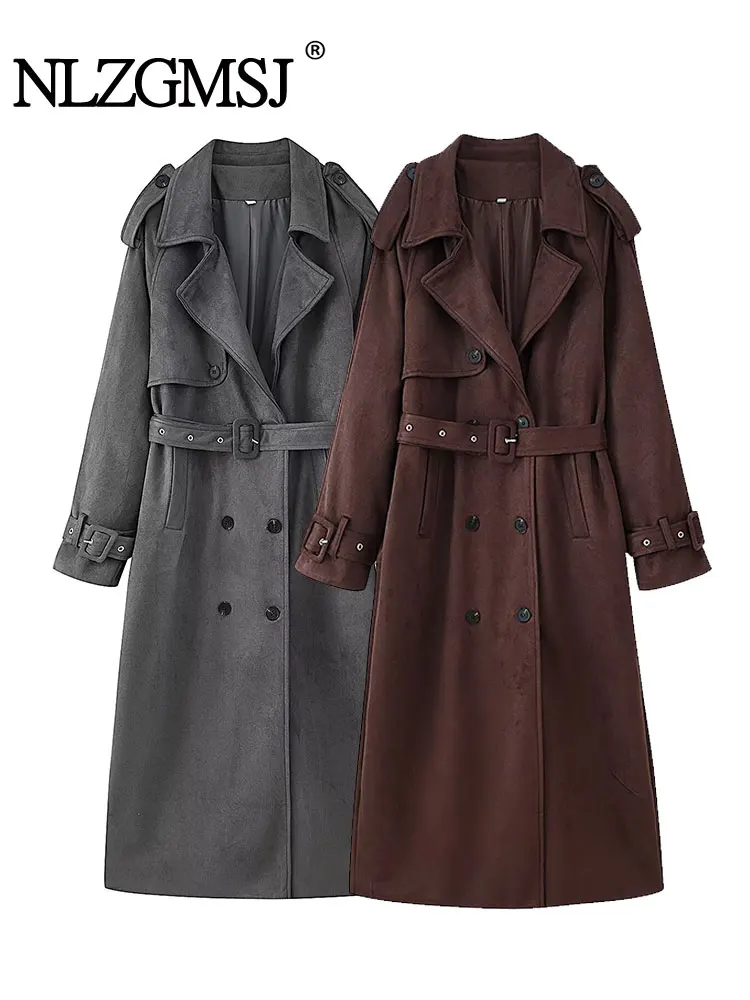 

NLZGMSJ женская ветровка на осень-зиму 202, элегантное женское длинное пальто с поясом, двубортное женское прямое пальто с отложным воротником