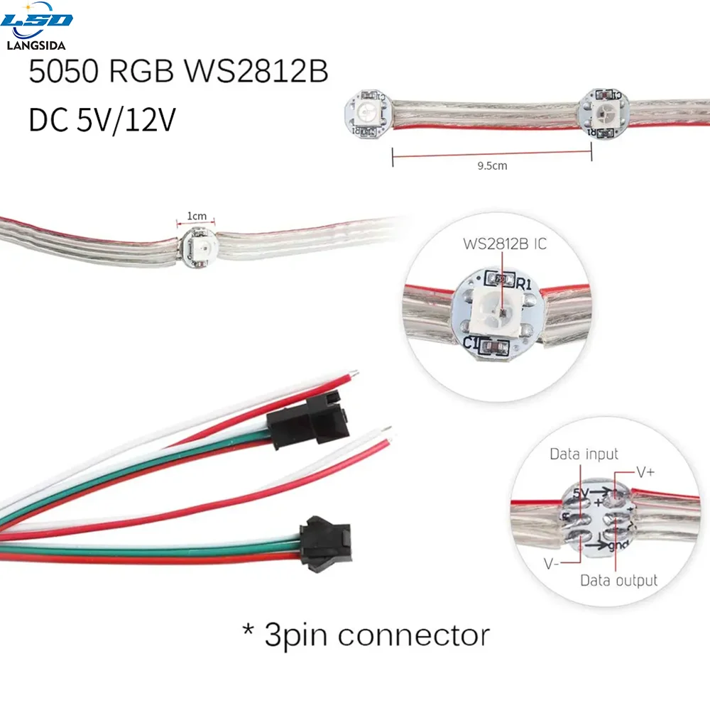 شريط LED لوحدة WS2812B، مع كابل 10 سنتيمتر، ومصدر طاقة 5 فولت، ومصابيح RGB مستقلة SMD5050 مدمجة