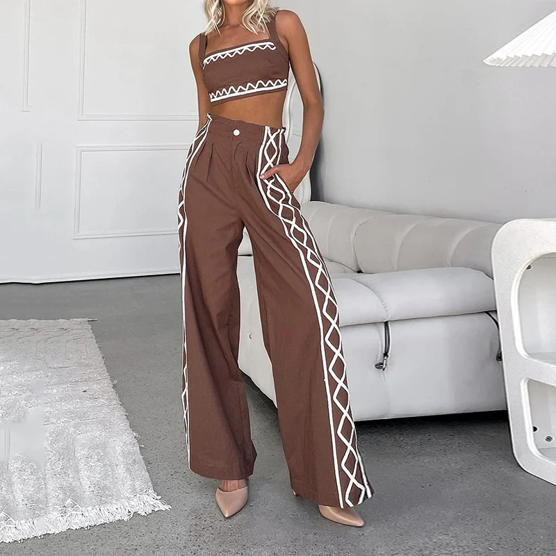 Waytobele Women Two Piece Set Summer Fashion Suspender Corrugated Printed Sleeveless High Waist Top With Pocket Pants Sets