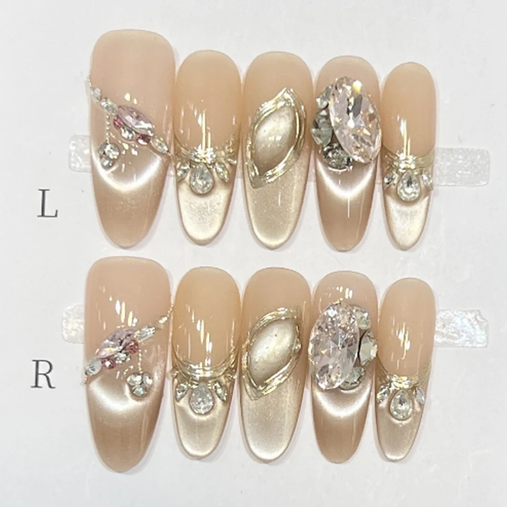 10Pcs Sweet Lovely Cat Eyes Long Stiletto Handmade Press On Nails Light Luxury Glitter Diamond Flowers Wearable False Nails
