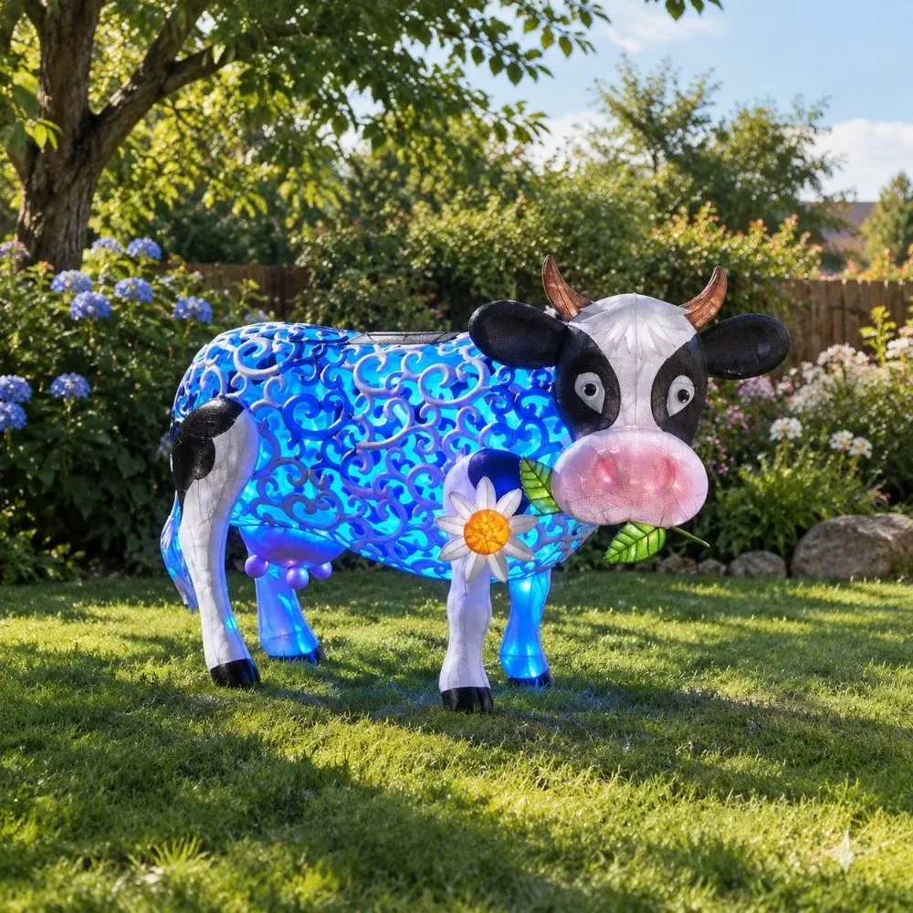 Ornament Animal Shaped Daisy Cow Solar Light Color Changing Garden Decor LED Garden Solar Lamp Solar Cow Statue Garden