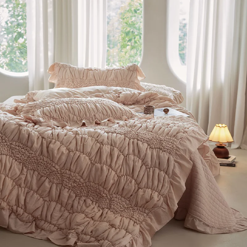 Natural Cotton Quilted Bedspread Bedding Set 4-PC, Princess Ruffled Lace Versatile Duvet Cover Pillowcase 3-PC,Use as Bedspread
