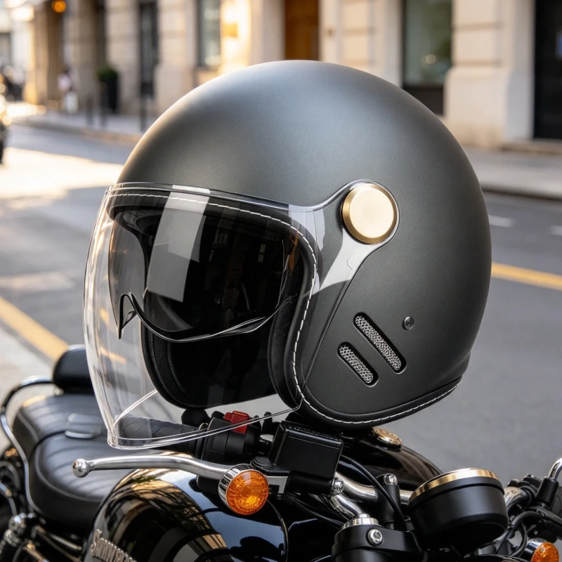 Slim Profile 3/4 Motorcycle Jet Helmet Dual Anti-Scratch Lens Crossflow Air Vents Tactile Grain Surface All Weather Open Face