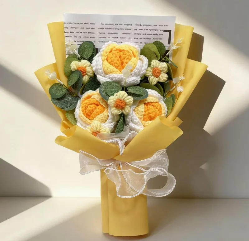 Künstliche Häkelrosen Fertige Gestrickte Blumensträuße Kreative Weihnachts-, Geburtstags-, Valentins- und Abschlussgeschenke – Detail 1