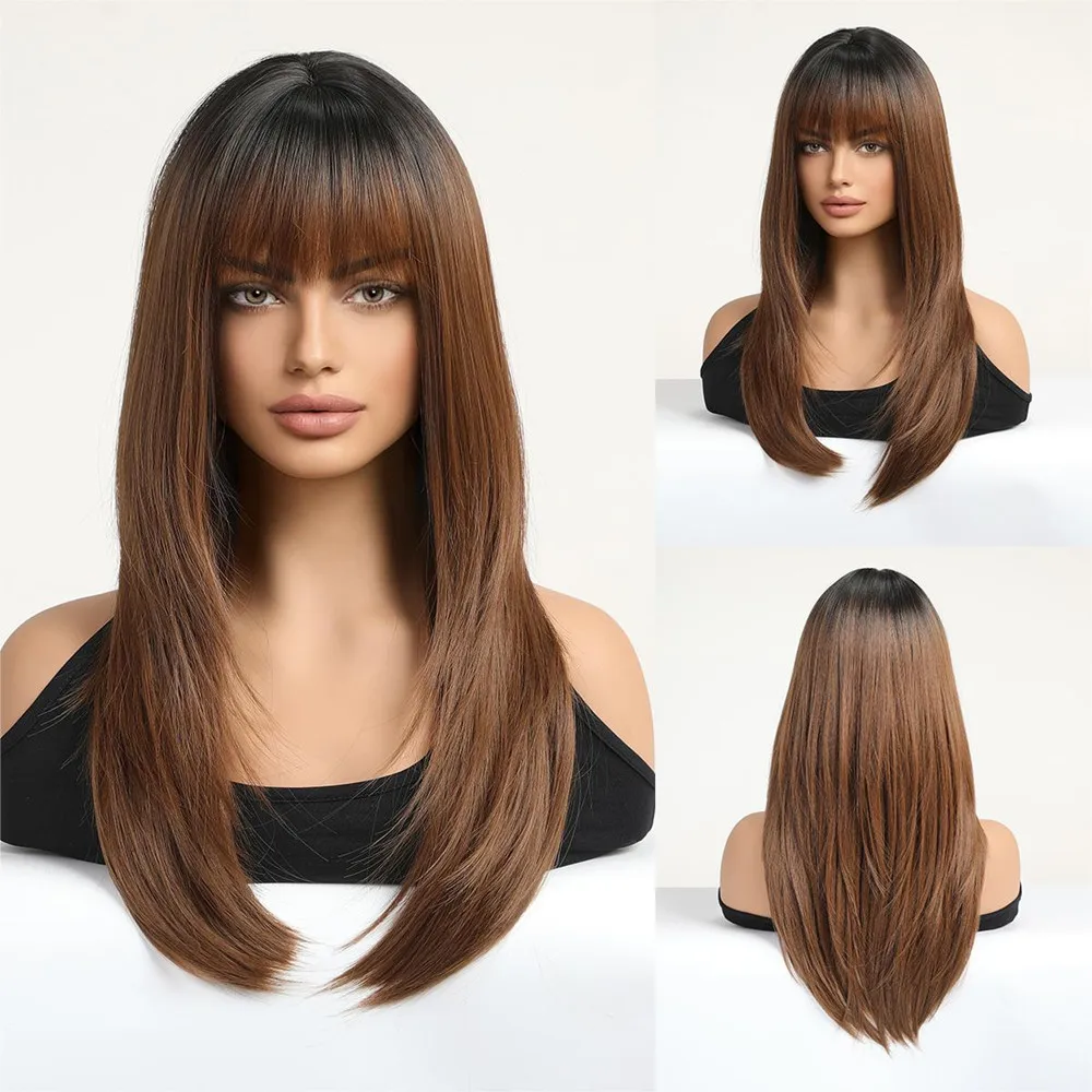 Women's Dark Brown Long Straight Synthetic Wig with Bangs