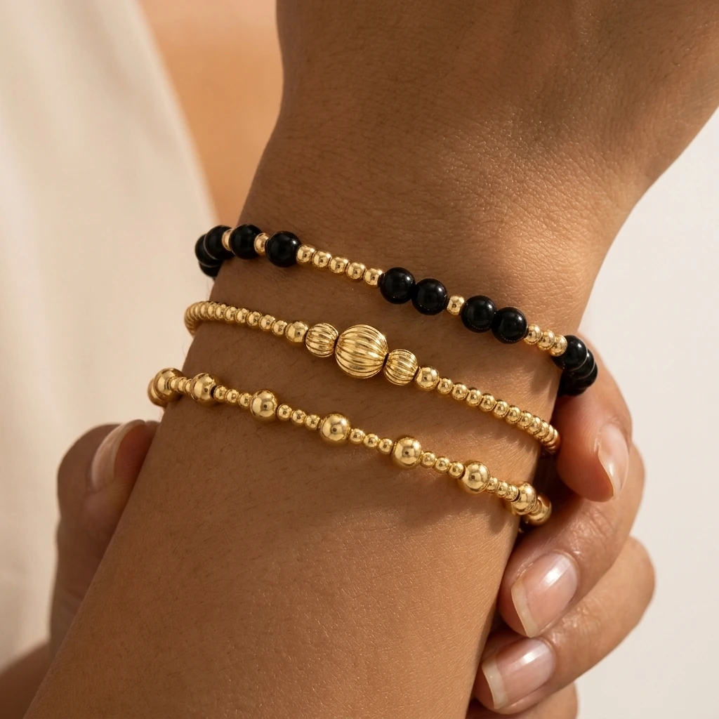

3pcs Copper Bohemian Beaded Bracelet Set Round Ball Layered Stretch Bracelets For Women