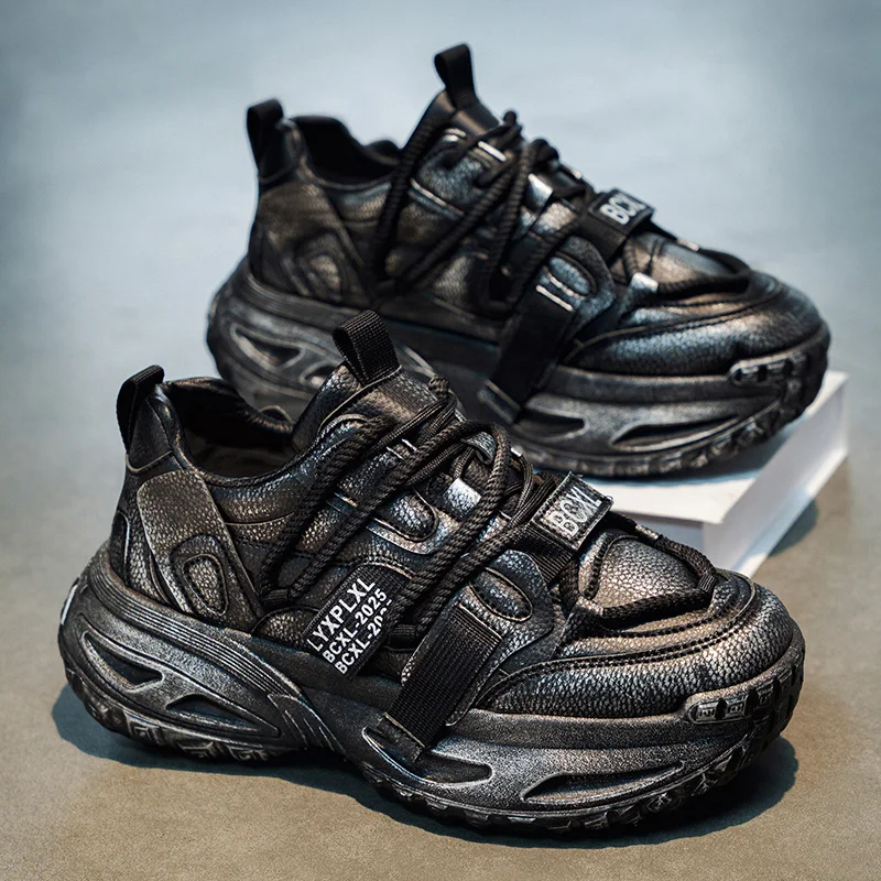 Trendy Men's Running Shoes Spring Autumn Seasonal Leisure Thick Bottom Tire Sole Black Dad Shoes Fashionable Korean Style