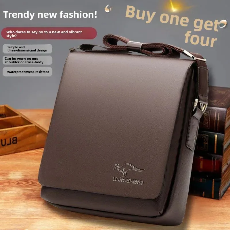 2026 New Men's Cover Style Shoulder Bag Waterproof PU Leather Casual Business Pure Color Polyester Lining Fashion Commuter Bag