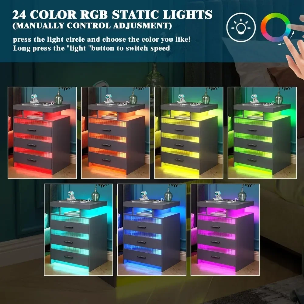 Nightstands Set of 2 with USB/Type-C/Wireless Charging Station Smart Night Stand with 3 Drawers LED Nightstand image 5