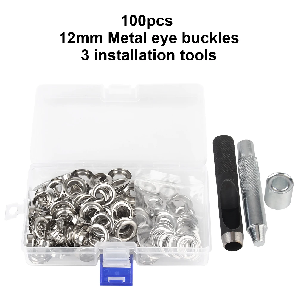 1 Sets with box Copper eyelet 100pcs 12mm Metal buckle 3  installation tools Air Eyelet Corns Tarpaulin Ring Buckle