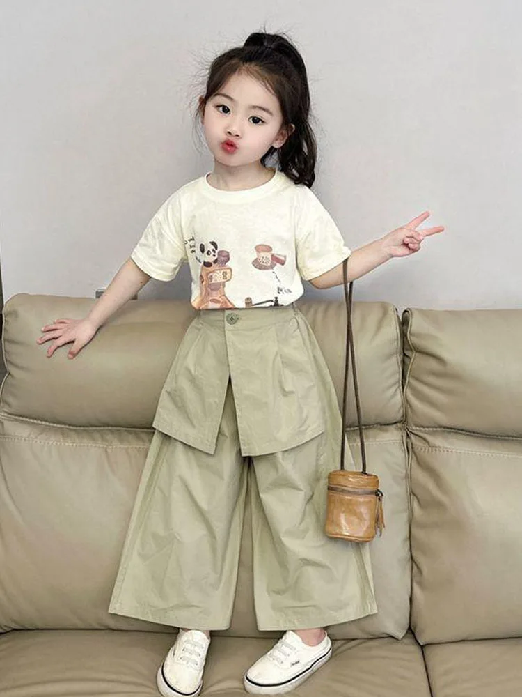 Girls Summer Suit Children\'s Cartoon Short Sleeved T-shirt Loose Pants Casual Two Piece Set Girls Clothes 2 To 8 Years