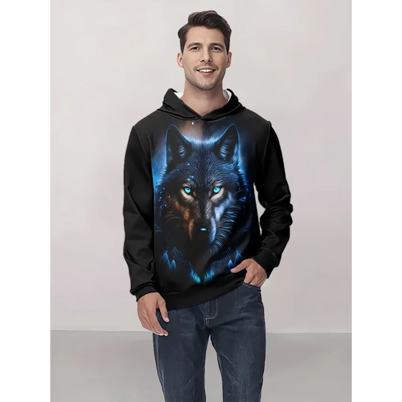 Men's Wolf Print Hooded Sweatshirt Cool Casual Long Sleeve Pullover Spring Autumn Daily Outing Men's Top for Men