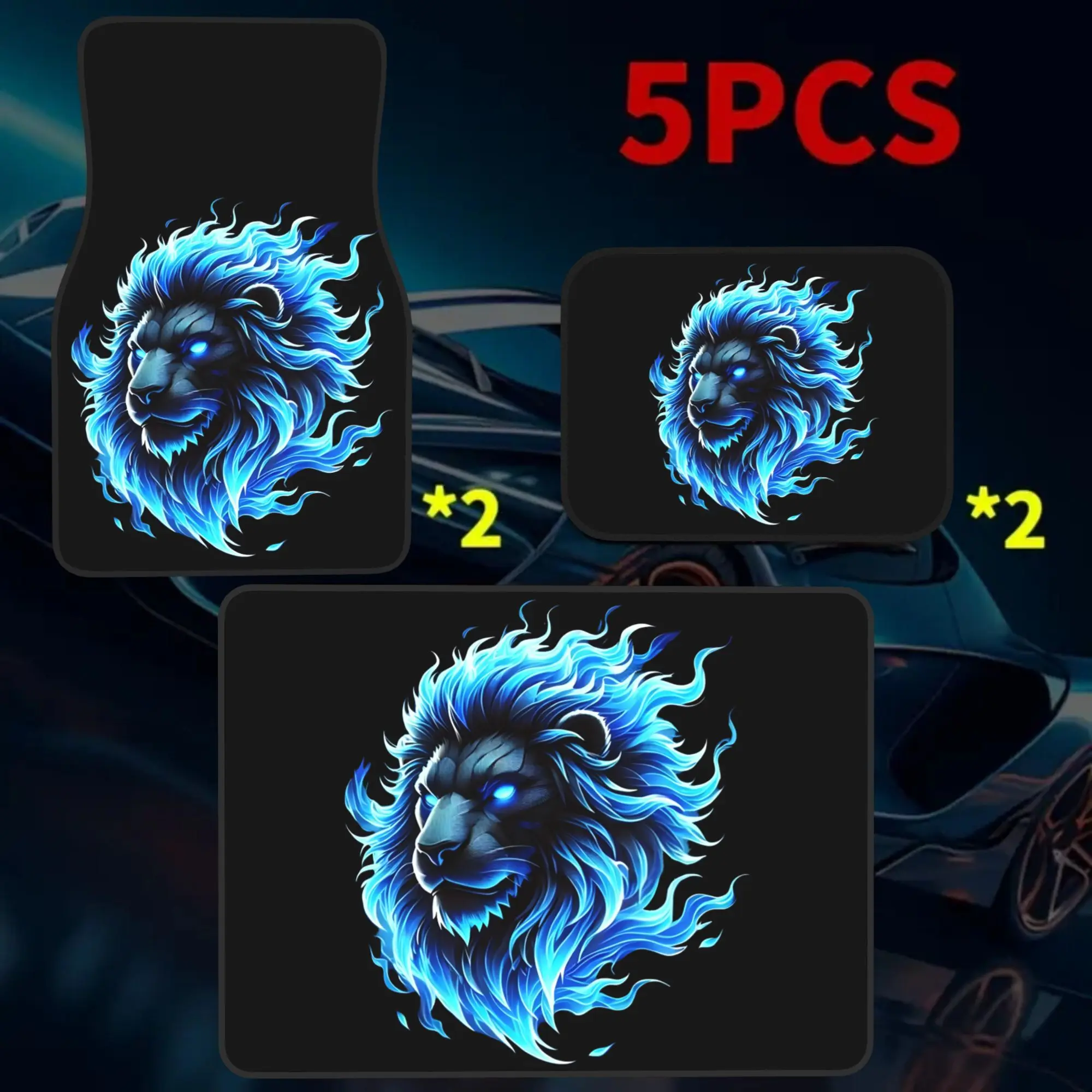 2D Plane 5pcss Fierce Blue Lion Head Print Car Floor Mat Set | Trunk Liner 5pcss Set (Including 4 Floor Mats And 1 Trunk Liner)