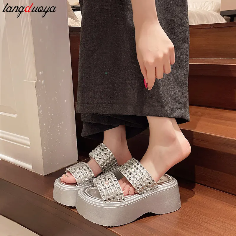 Women\'s Slippers 2024 New Fashion Shining crystal Silver Slippers Versatile Thick Sole Sandals Women\'s Elegant Party Dress pumps