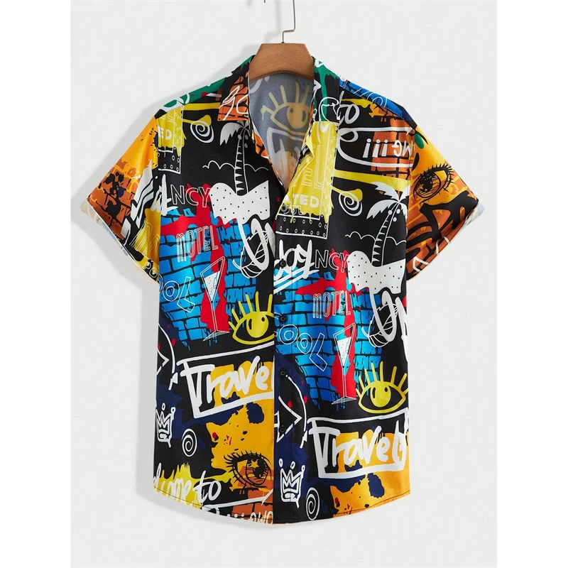 Geometry Pattern Hawaiian Shirts For Men Colorful Splicing 3D Printed Tees Summer Loose Aloha Shirts Lapel Short Sleeve Blouses